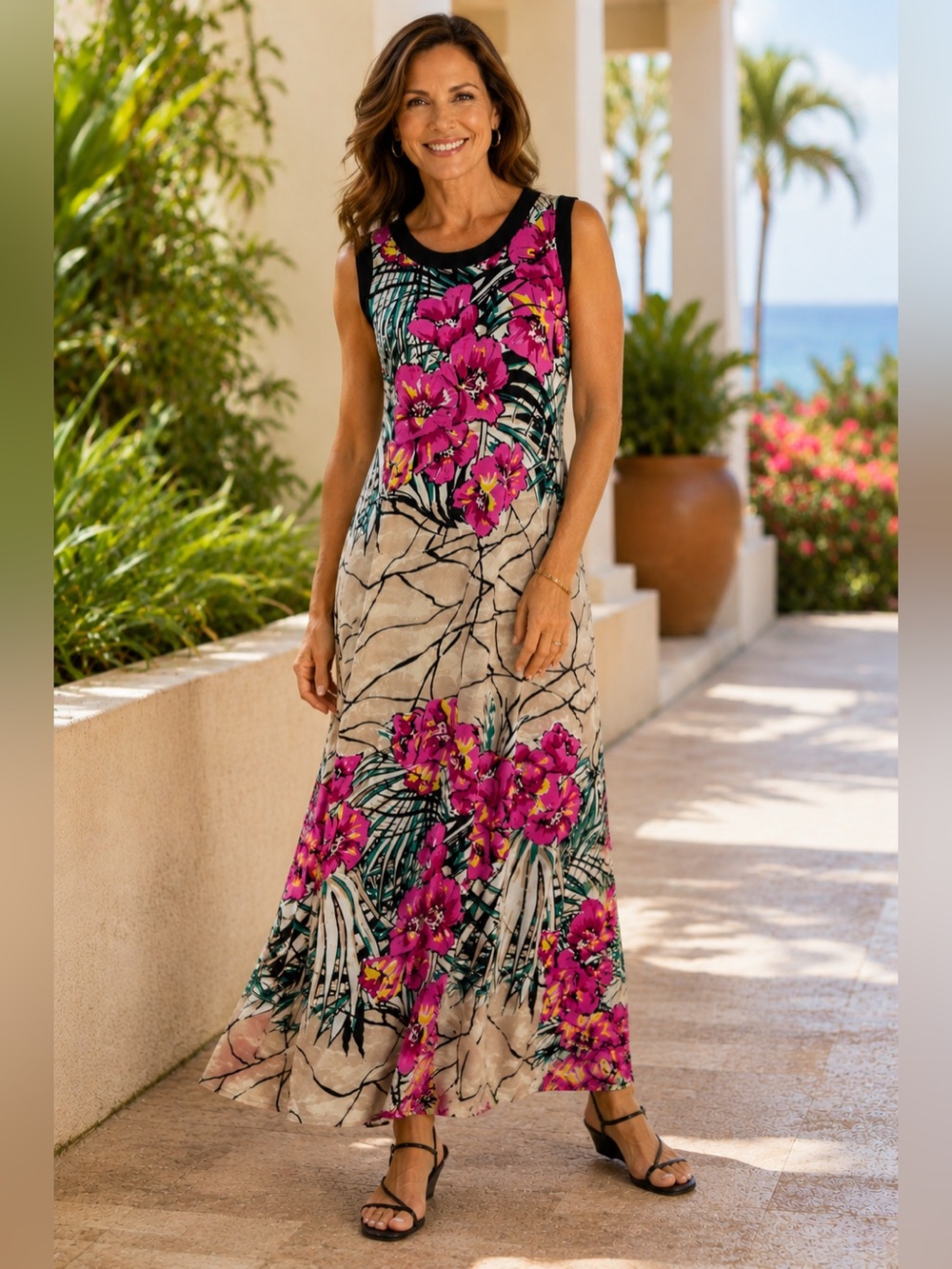 Karen Kane Floral Maxi Dress 2X Sleeveless Tropical Print